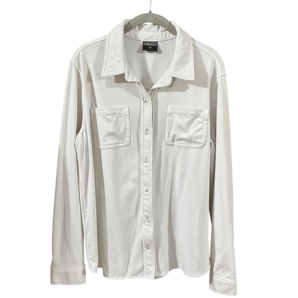 32 DEGREE HEAT Fleece Button Up Shirt L 23” p2p Cream EUC - Picture 2 of 11